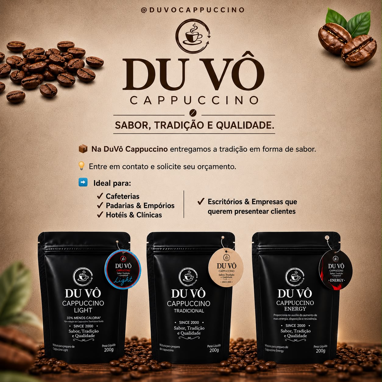 Du Vô Cappuccino — embalagens Tradicional, Light e Energy